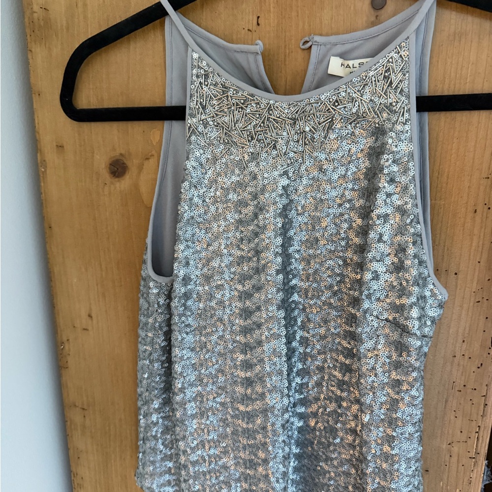Halston Heritage Silver Sequin Sleeveless Tank Top